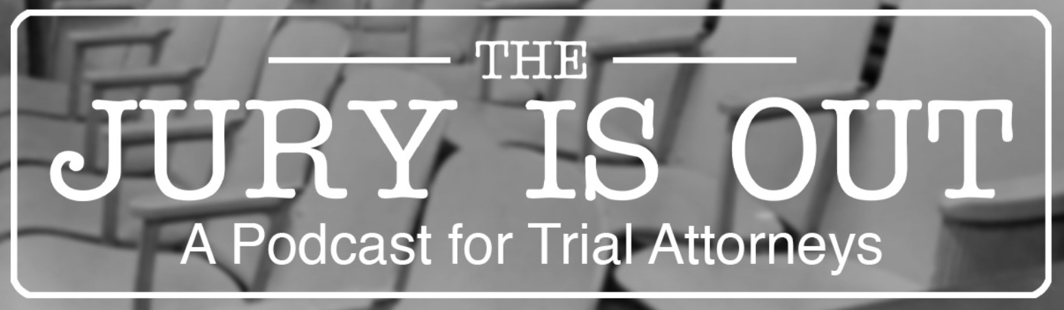 Podcast cover image with the text The Jury Is Out: A Missouri Legal Podcast for Trial Attorneys over a background of empty jury box seats, brought to you by the Freedom Center.
